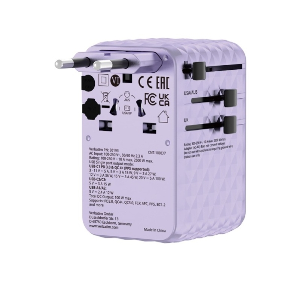 Verbatim Charge 'n' Travel 100W Universal Travel Adapter with retractable cable Purple