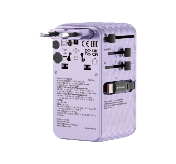 Verbatim Charge 'n' Travel 70W 2C retractable Universal Travel Adapter Purple