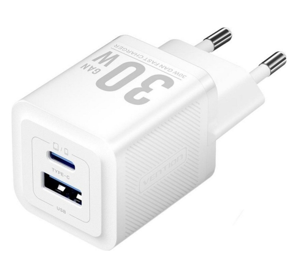 Vention 30W - charger with GaN technology, 1x USB-A, 1x USB-C (white)