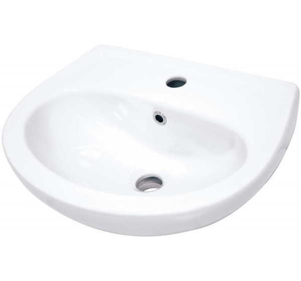 Wall-mounted ceramic washbasin with space for a tap