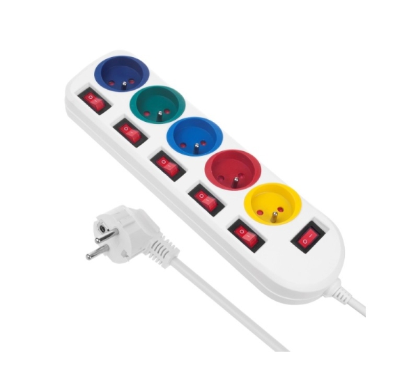 Maclean power strip, 5 socket extension cable, with switches, 250VAC/10A, 1.5m, MCE204 M/W