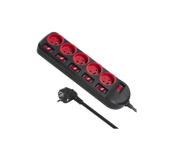 Maclean MCE204 power extension 1.5 m 5 AC outlet(s) Indoor Black, Red
