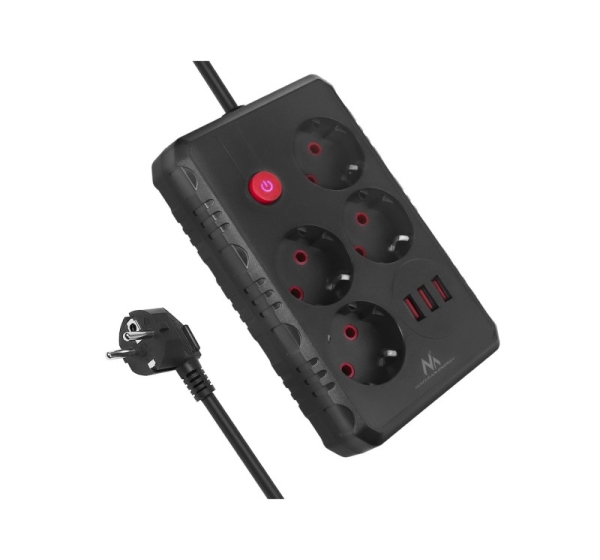 Maclean power strip, 4-socket extension cable + 3xUSB, 110-240V AC 50/60Hz, 2.1A max 2500W, 3m, black, MCE393 B