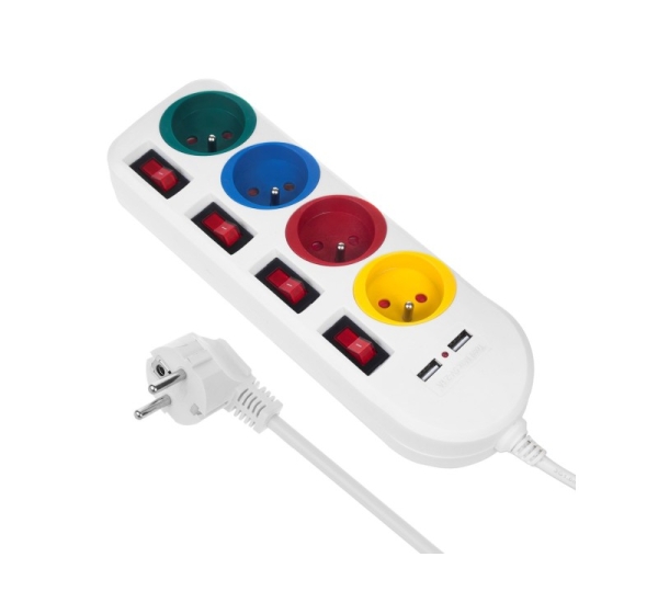 Maclean power strip, extender 4 sockets + 2xUSB, with switches, 250VAC/10A, 2.1A 5V, 1.5m, white, MCE229 W