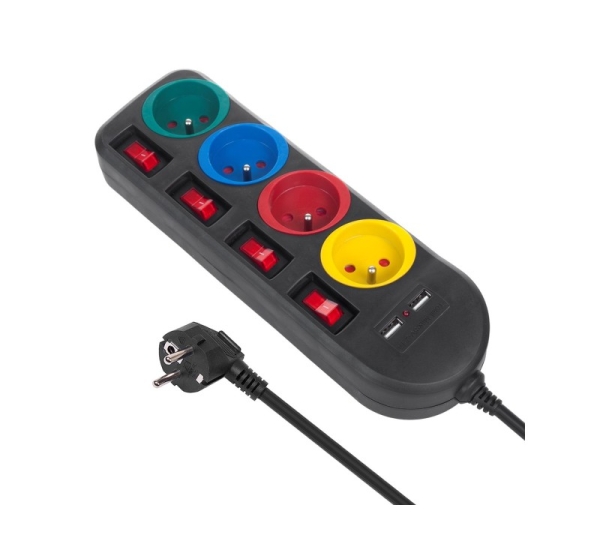 Maclean power strip, 4-socket extension cable + 2xUSB, with switches, 250VAC/10A, 2.1A 5V, 1.5m, black, MCE229 B