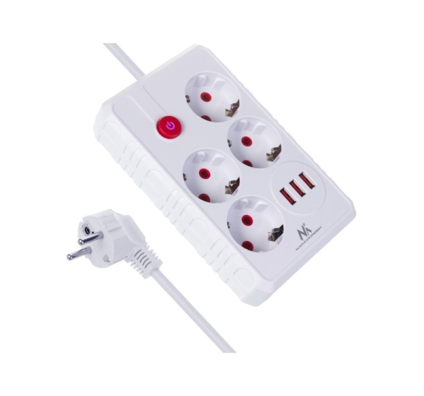 Maclean power strip, 4-socket extension cable + 3xUSB, 110-240V AC 50/60Hz, 2.1A max 2500W, 3m, white, MCE393 W