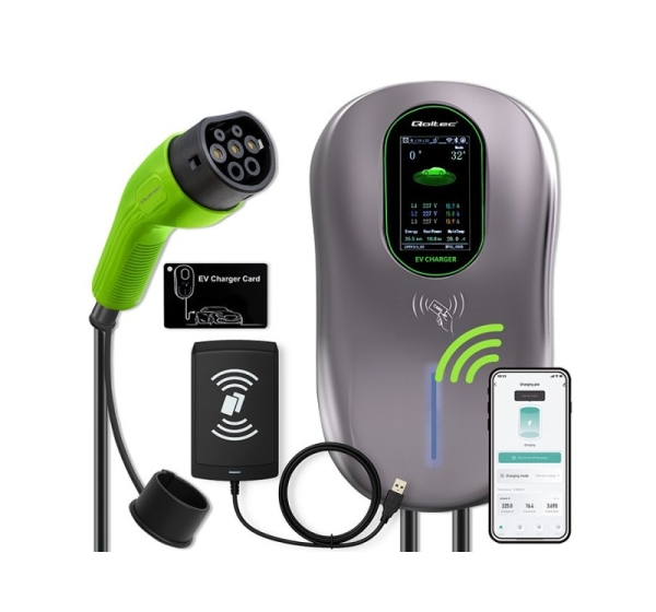 Qoltec Stacja ładowania EV Typ2 do samochodu elektrycznego i hybryd 22kW LCD 2 Karty EV