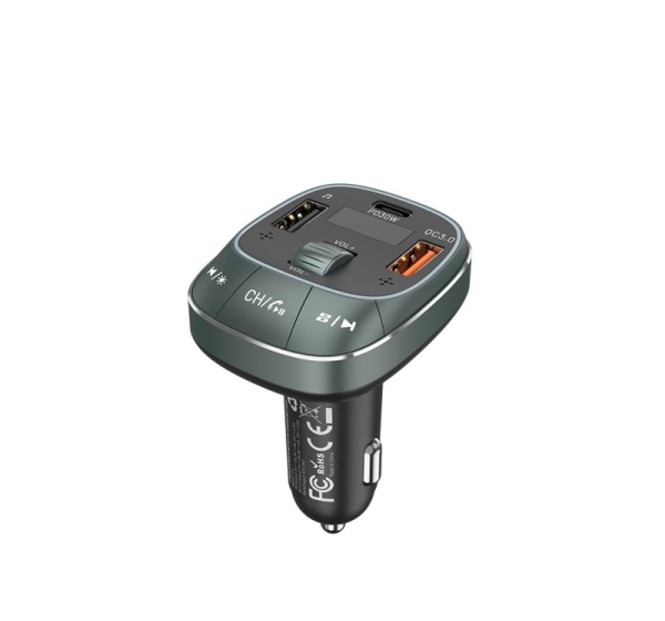 Vention 3-Port USB (C + A + A) Car Charger with FM Transmitter (30W/18W/5W) Black ABS Type