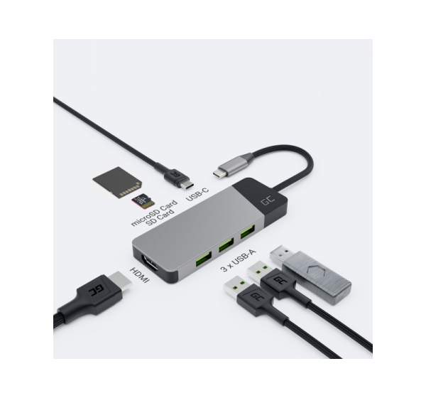 GREEN CELL HUB USB-C ADAPTER GC CONNECT 7W1 (3XUSB 3.1, HDMI 4K 60HZ, USB-C PD 85W, MICROSD/SD)