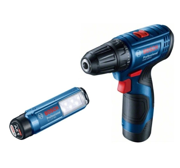 BOSCH. GSR 120-LI 2x2,0Ah 30/14Nm SCREWDRIVER +GLI 12V-300 LAMP CASE