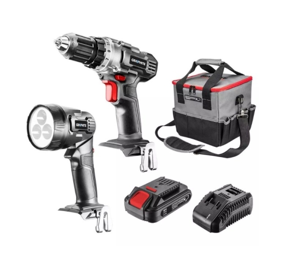 Graphite cordless tool set drill/driver, flashlight, bag, Energy+ 18V battery and charger
