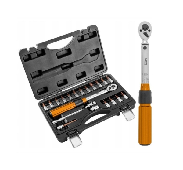Neo Tools 1/4" bi-directional torque wrench, 5-25NM, set of 21 pcs.
