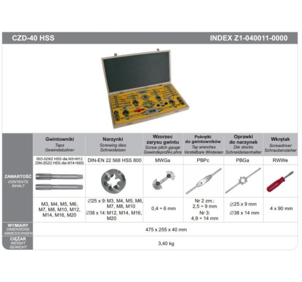 ZESTAW NARZEDZI DO GWINTOWANIA M3-M20 HSS CZD-40