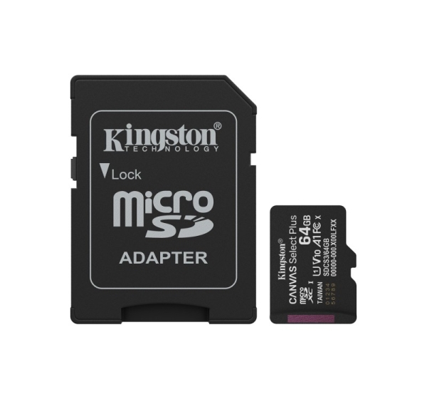 Kingston Technology 64GB microSDXC Canvas Select Plus Gen3 100MB/s A1 Card + Adapter