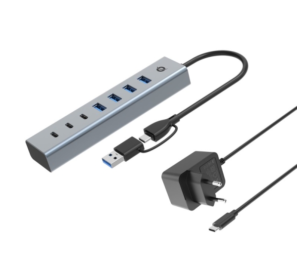 Conceptronic HUBBIES20GP 7-Port USB 3.0 Hub with Power Adapter, 5Gbps, USB-C x 3, USB-A x 4