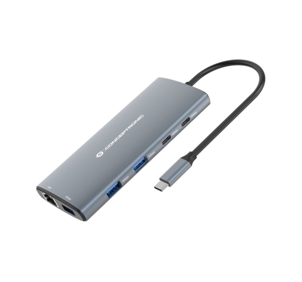 Conceptronic DONN06G 10-in-1 USB 3.2 Gen 1 Docking Station, HDMI, 100W USB PD, USB-C 5Gbps x 2, USB-A 5Gbps x 3, SD, TF/MicroSD, GbE