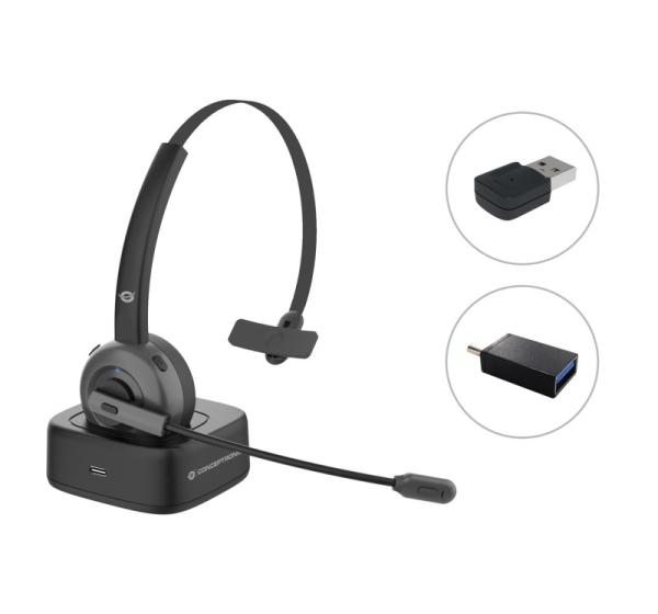 Conceptronic POLONA Wireless Bluetooth Headset with Charging Dock & Bluetooth USB Audio Adapter