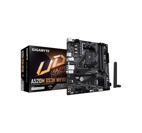 GIGABYTE A520M DS3H WIFI6E Motherboard - Supports AMD Ryzen 5000 Series AM4 CPUs, up to 4733MHz DDR4 (OC), 1xPCIe 3.0 M.2, WIFI 6E, GbE LAN, USB 3.2 Gen 1