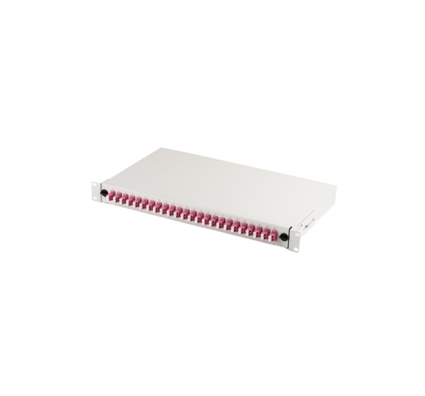 FO patch panel with 19'' 1U accessory, 24x LC dx, OM4, adapters, extendable, grey