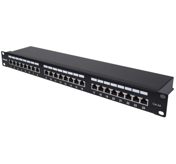 Intellinet Patch Panel, Cat6a, FTP, 24-Port, 1U, Shielded, 90° Top-Entry Punch Down Blocks, Black