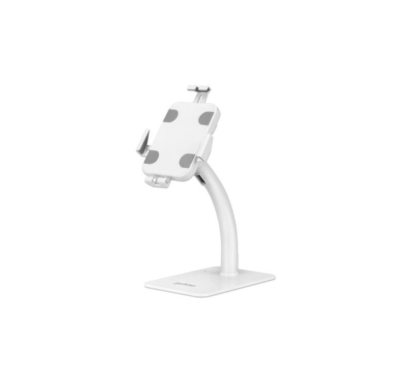 Manhattan Desktop Kiosk Stand (Anti theft) for Tablet and iPad, Universal, 360° Rotation, Tilt +20° to -110°, White, Lockable, Countertop Holder for 7.9" to 11" Tablets, Extendable clamps: height 200 to 246mm/width 129 to 181mm, Lifetime warranty