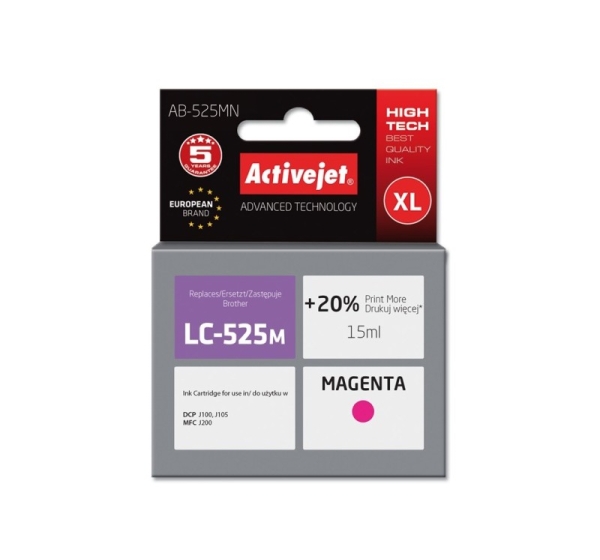Activejet AB-525MN ink (replacement for Brother LC525M; Supreme; 15 ml; magenta). Prints 20% more than OEM.