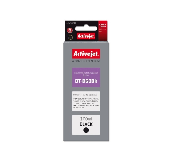 Activejet AB-D60Bk Ink Bottle (Replacement, Brother BT-D60Bk; Supreme; 100 ml; Black)