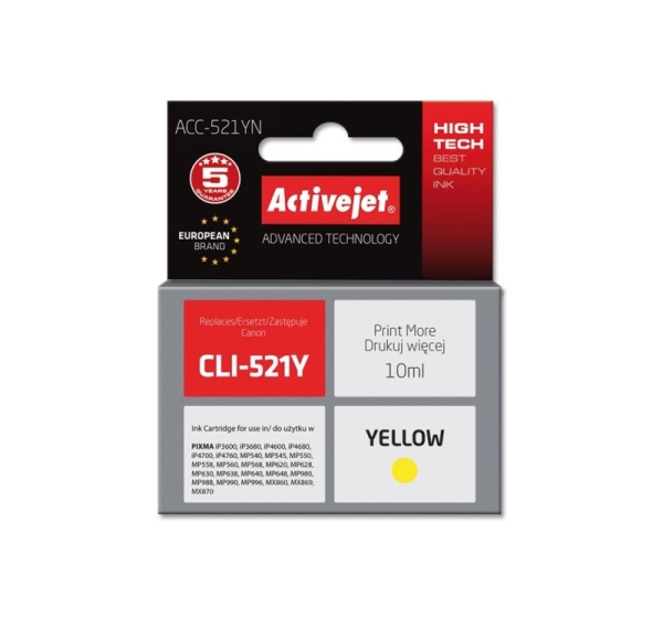 Activejet ACC-521YN Ink (replacement for Canon CLI-521Y; Supreme; 10 ml; yellow)