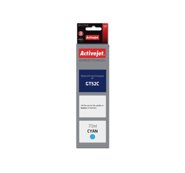 Activejet AH-GT52C Ink Bottle (Replaces HP GT52C M0H54AE; Supreme; 70 ml; 8000 pages, cyan)
