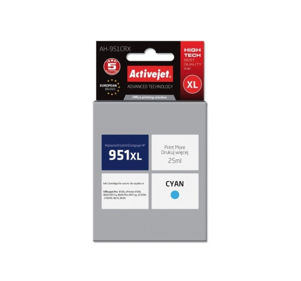 Activejet AH-951CRX Ink (replacement for HP 951XL CN046AE; Premium; 25 ml; cyan)