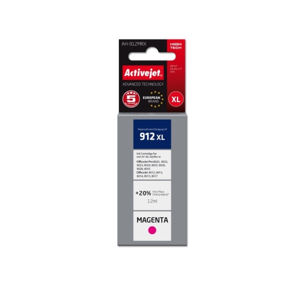 Activejet AH-912MRX Ink (replacement for HP 912XL 3YL82AE; Premium; 990 pages; 12 ml, magenta)