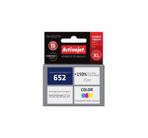 Activejet AH-652CR ink (replacement for HP 652 F6V24AE; Premium; 21 ml; color)