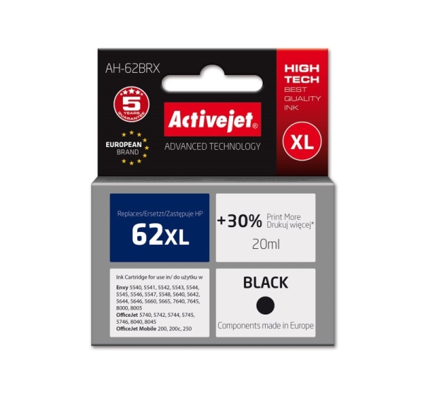 Activejet AH-62BRX ink (replacement for HP 62XL C2P05AE; Premium; 20 ml; black)