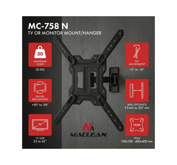 Maclean TV or Monitor Mount / Bracket, max. 23–65", max. load 30 kg, universal, max. VESA 400x400, MC-758 N