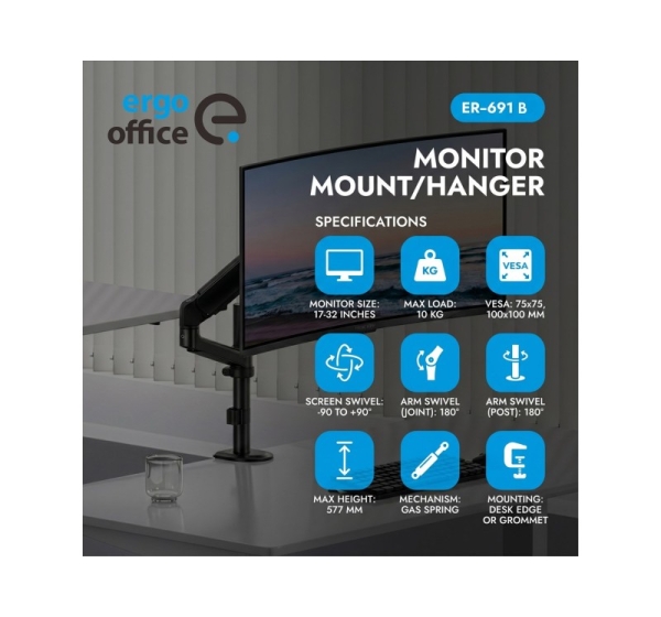 Ergo Office Monitor Mount/Hanger, Gas Spring, 17"-32", 1-10 kg, Matte Black, Max. VESA 100x100, ER-691 B