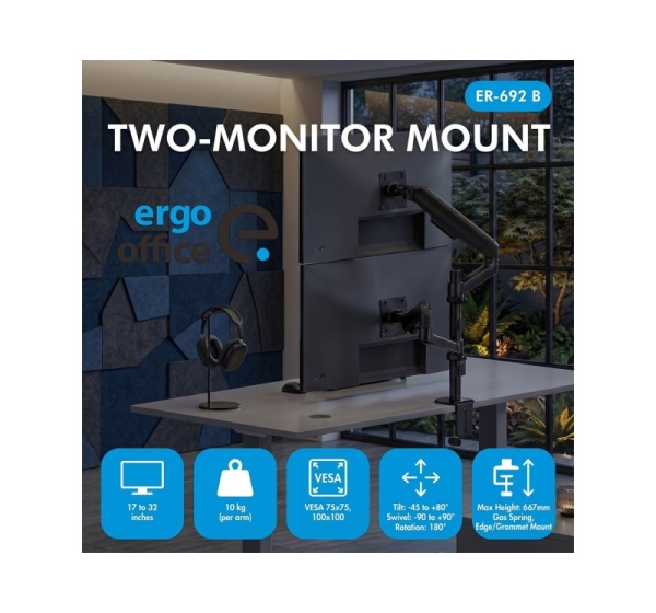 Ergo Office Mount / Holder for 2 Monitors, Gas Spring, 17"-32", 1-10 kg, Matte Black, ER-692 B