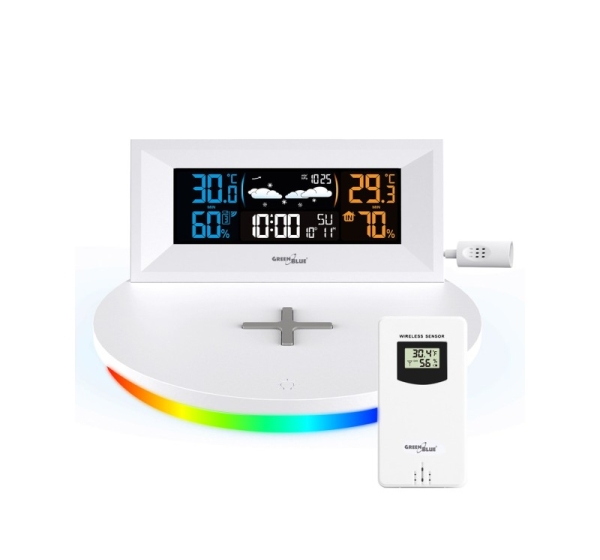 GreenBlue Wireless Weather Station with Wireless/Inductive Charger, Clock, Alarm, Calendar, Outdoor Sensor, GB213
