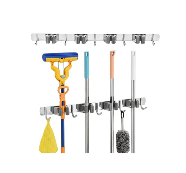 Maclean Wall-Mounted Organizer for Garden Tools and Mops, Steel, with Hooks, Max. Load 20 kg, Width 49 cm, MC-184