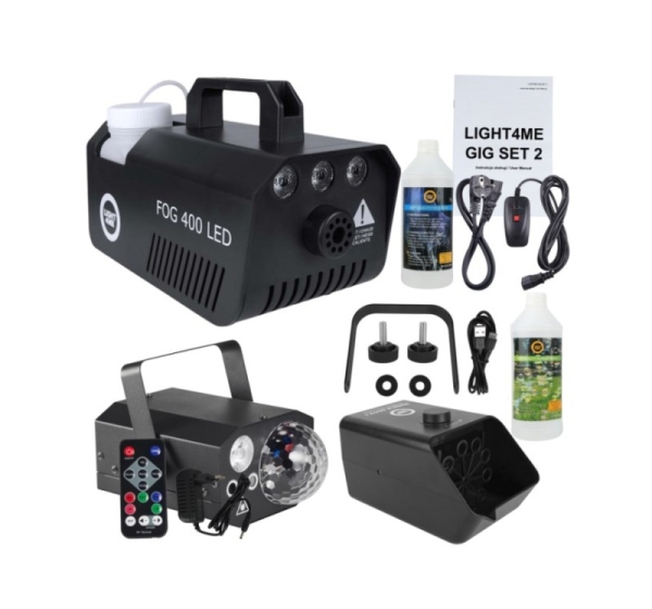LIGHT4ME GIG Set 2 - set (smoke machine + 1 litre smoke fluid + battery-powered bubble machine + 1 litre bubble fluid + 4-in-1 lighting effect)