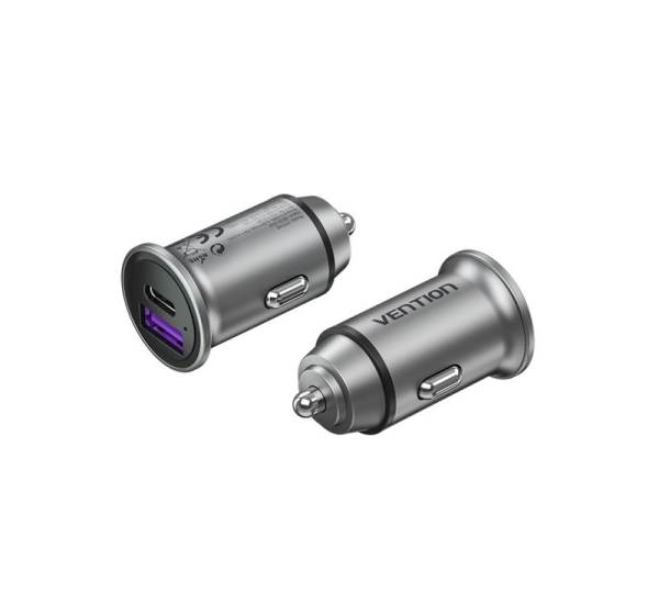 Vention Two-Port USB A+A(30+30) Car Charger Gray Mini Style Aluminium Alloy Type