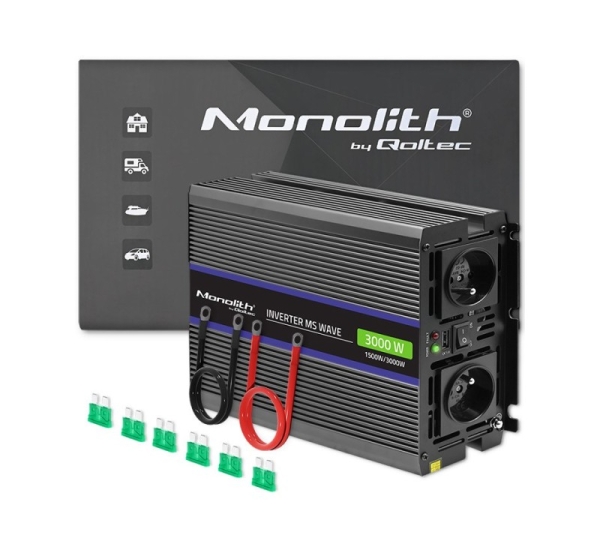 Qoltec Monolith 3000 MS Wave Voltage Converter | 12V to 230V | 1500/3000W | USB