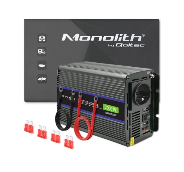 Qoltec Monolith 2000 MS Wave Voltage Converter | 12V to 230V | 1000/2000W | USB