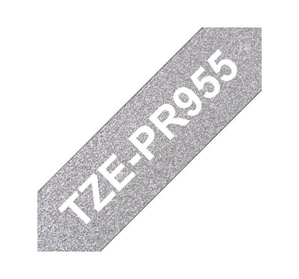 TZe-PR955 uzlīmju lente balts uz premium sudraba 24mm