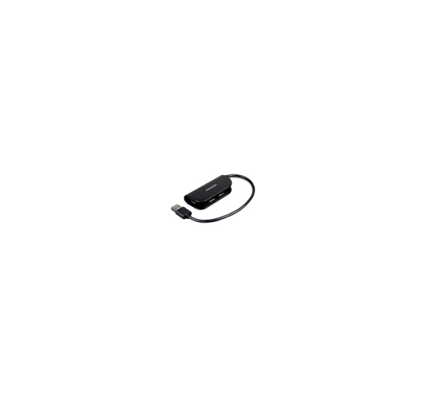 Handy four-port USB 2.0 hub with a permanently connected USB cable. Black.