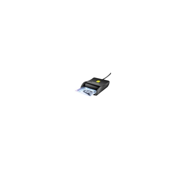 Compact desktop USB contact Smart / ID card reader with long, USB-A cable.