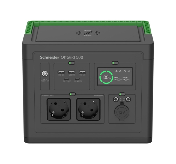 APC Schneider OffGrid Portable Power Station 500, 230V, 517Wh Lithium-ion, LCD, 2 CEE 7/3 Schuko outlets, Sinewave, 3 USB-A, 2 USB-C, Wireless Charger PPS500-GR