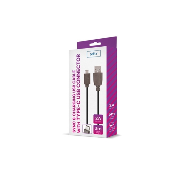 Setty Universal USB Cable 3m 2A type-C Black