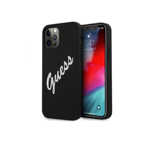 Guess Apple iPhone 12 Pro Max 6.7'' Vintage White Script Silicone Cover Black