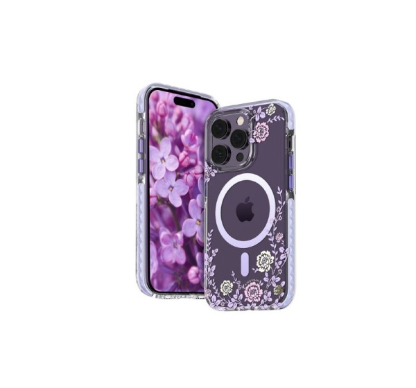 Kingxbar Apple iPhone 14 Pro MagSafe decorated with peony flowers print Flora Series magnetic Purple