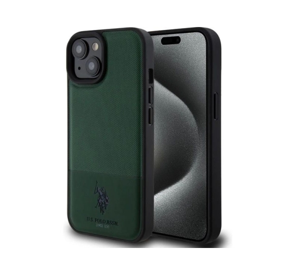 U.S. Polo PU Apple iPhone 15 Leather Mesh Pattern Double Horse Case Green